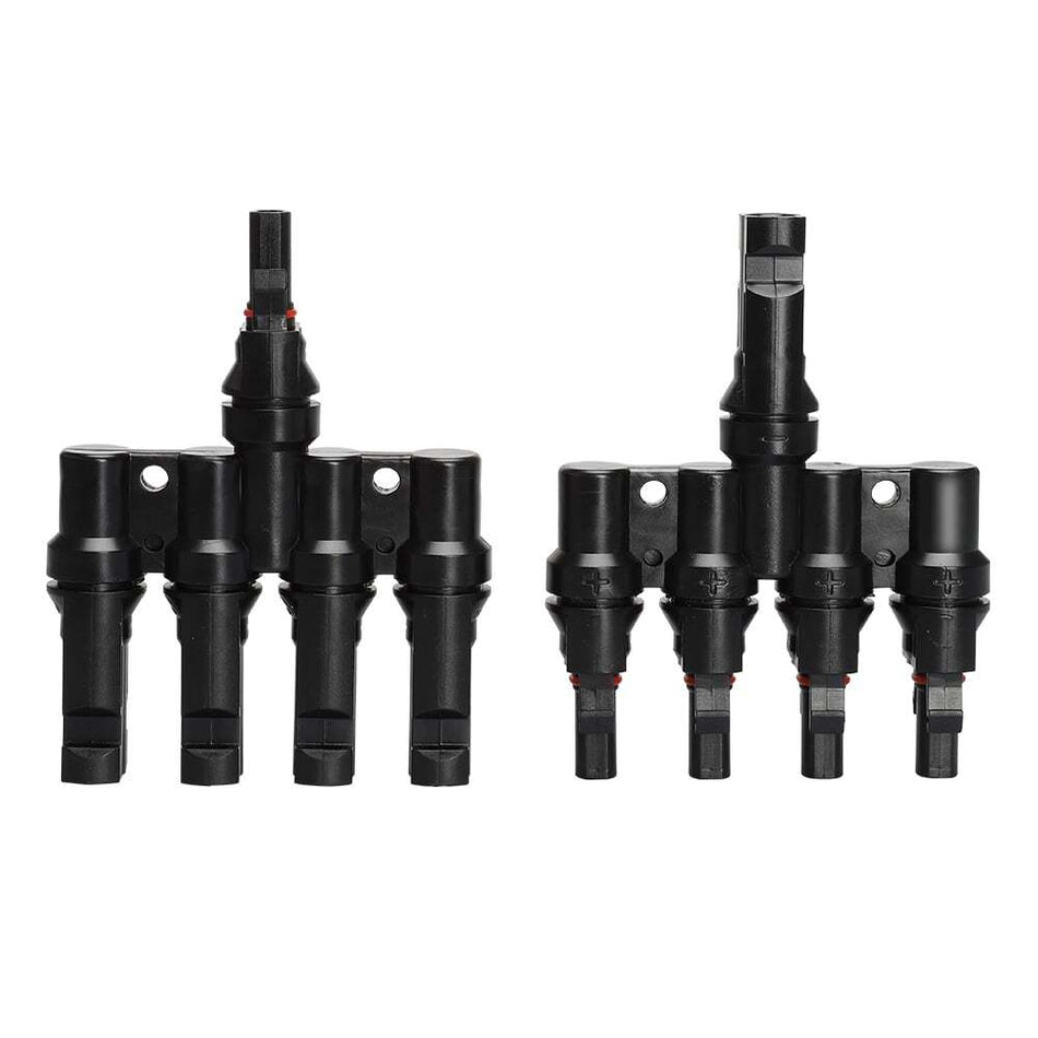 Flat front view of male and female 4-way solar combiners side by side