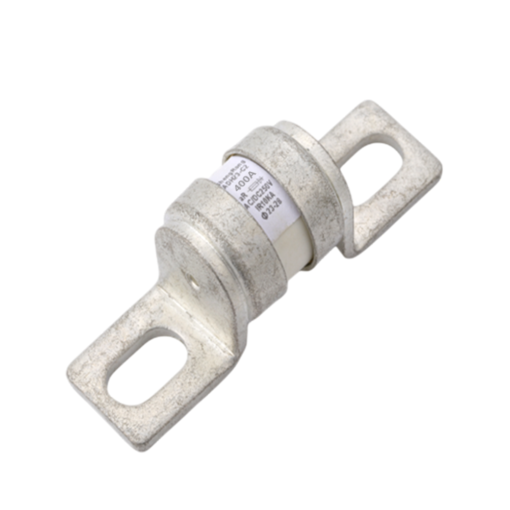 Angled view of 400A MEGA-style ceramic fuse showing metal terminals and printed rating specifications