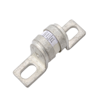 Angled view of 400A MEGA-style ceramic fuse showing metal terminals and printed rating specifications