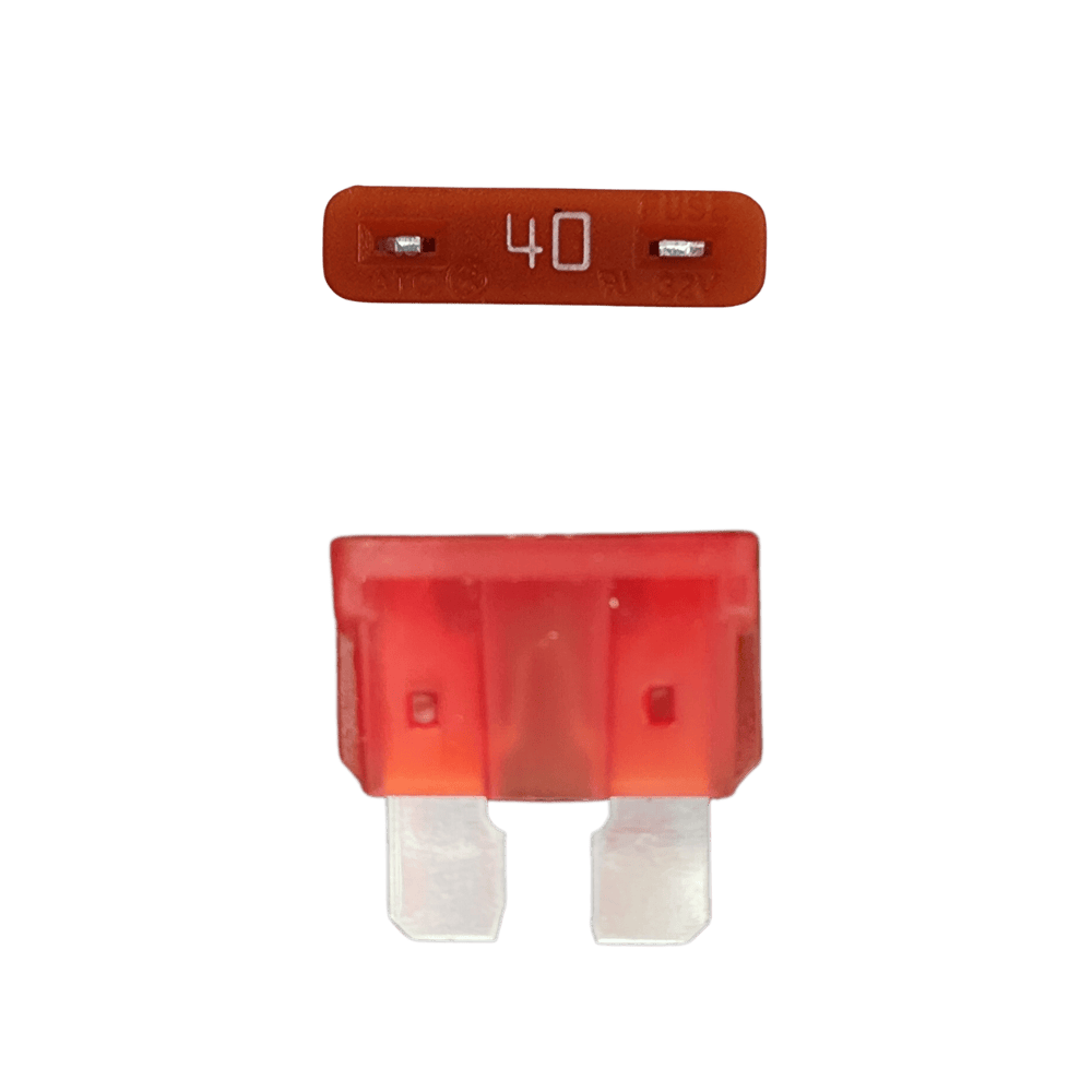 Orange 40A ATO/ATC automotive blade fuse with silver-plated terminals showing top and side profiles