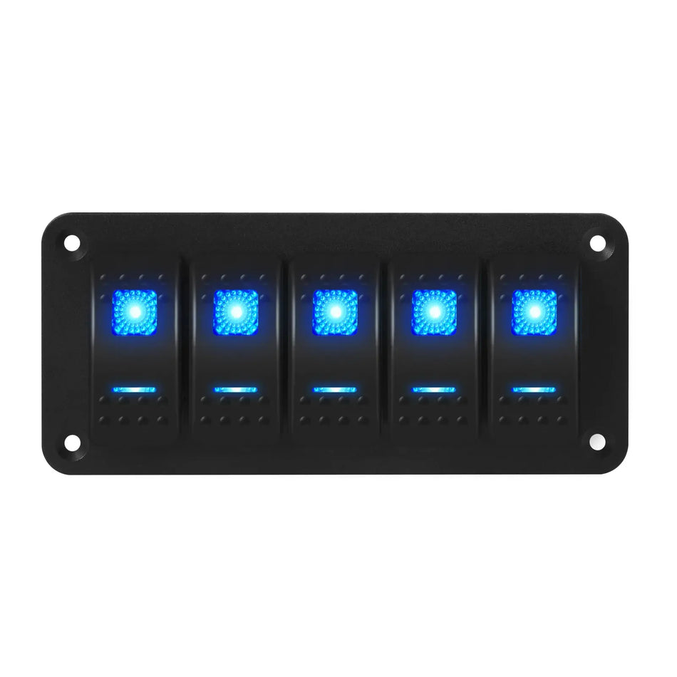 Front view of 5-gang marine rocker switch panel with blue LED indicators on black aluminum plate