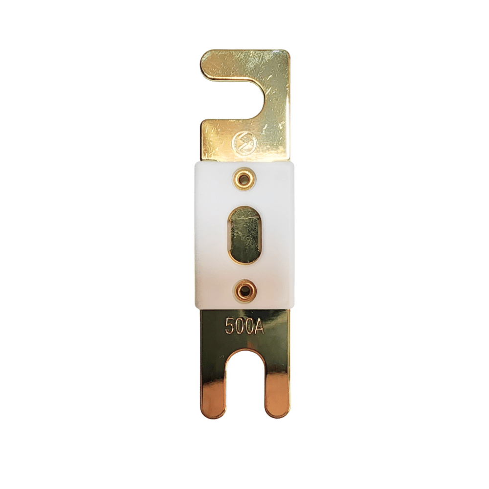 Top-down view of 500A ANL fuse showing gold terminals and ceramic body