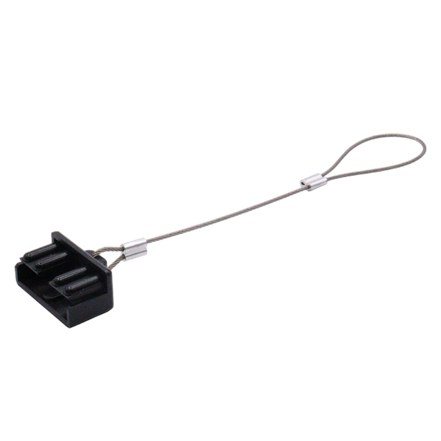 Black 50A connector dust cover with flexible steel lanyard loop