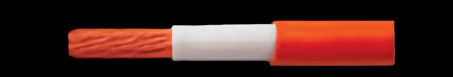 Stripped 50mm² flexible welding cable showing stranded copper core, white insulation and orange NBR sheath