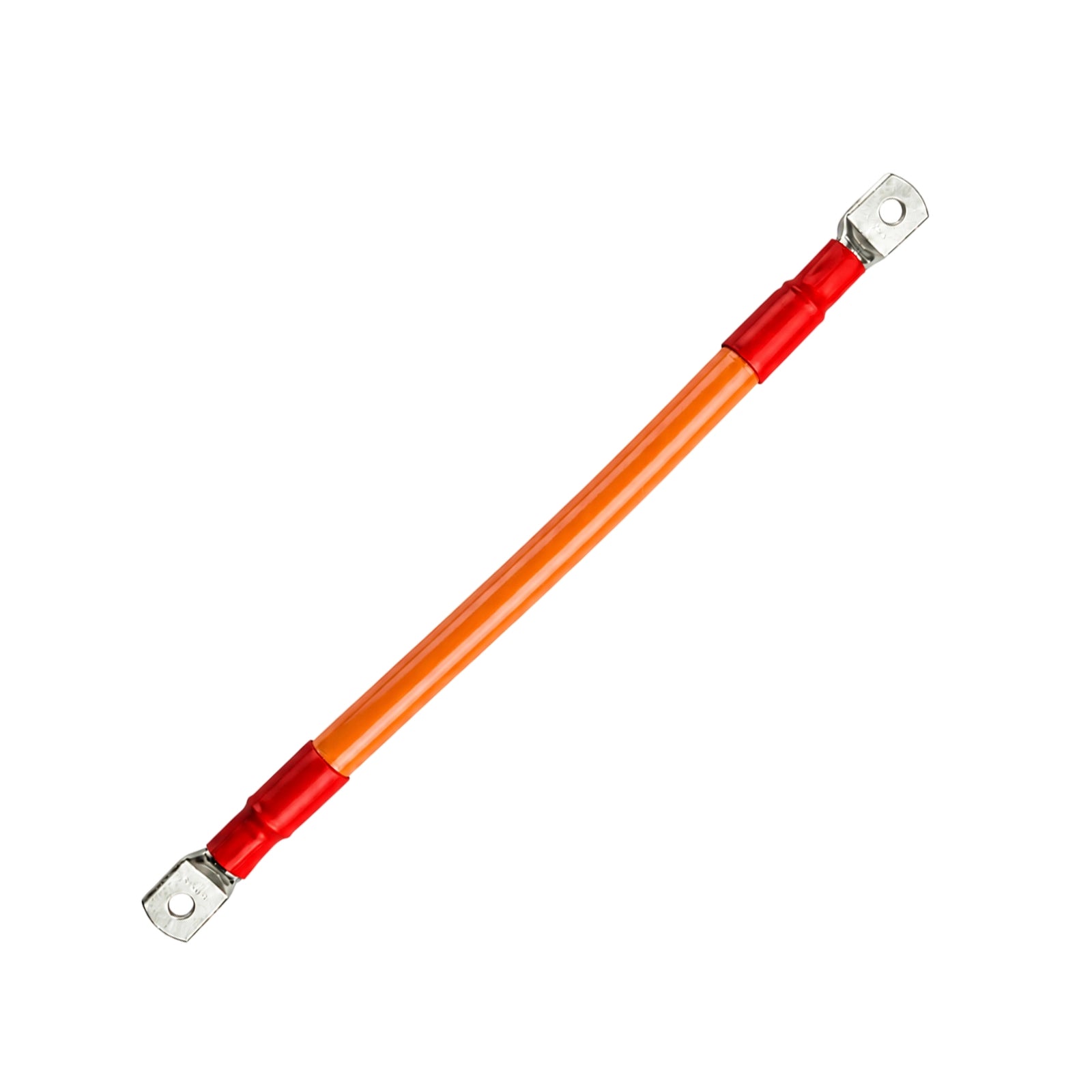 300mm orange battery cable with red polarity heat shrink and M8 tinned copper lugs