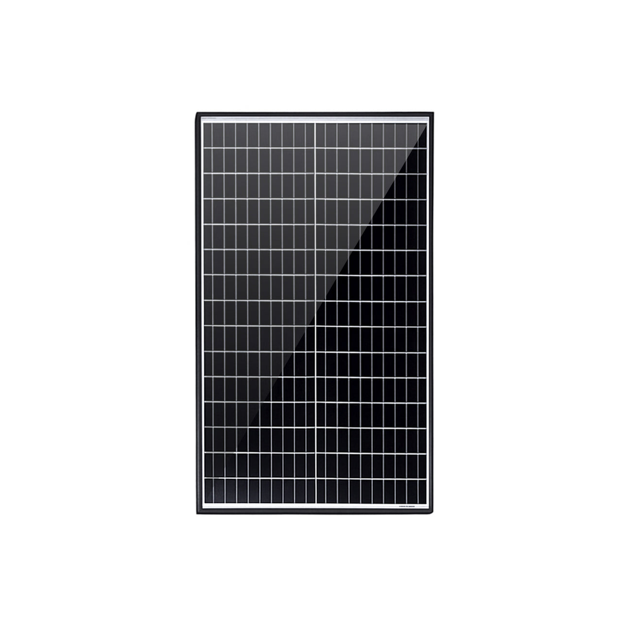 Front view of 50W fixed solar panel with black anodised aluminium frame