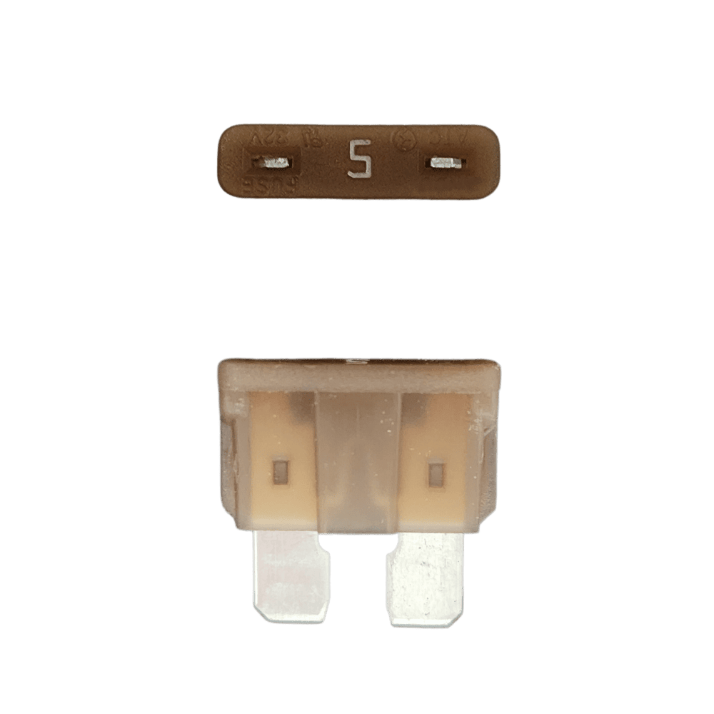 Tan 5A ATO/ATC automotive blade fuse with silver-plated terminals showing top and side profiles