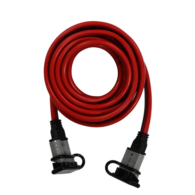 Coiled 5m red 8AWG extension lead with grey Anderson style plugs and black dust covers