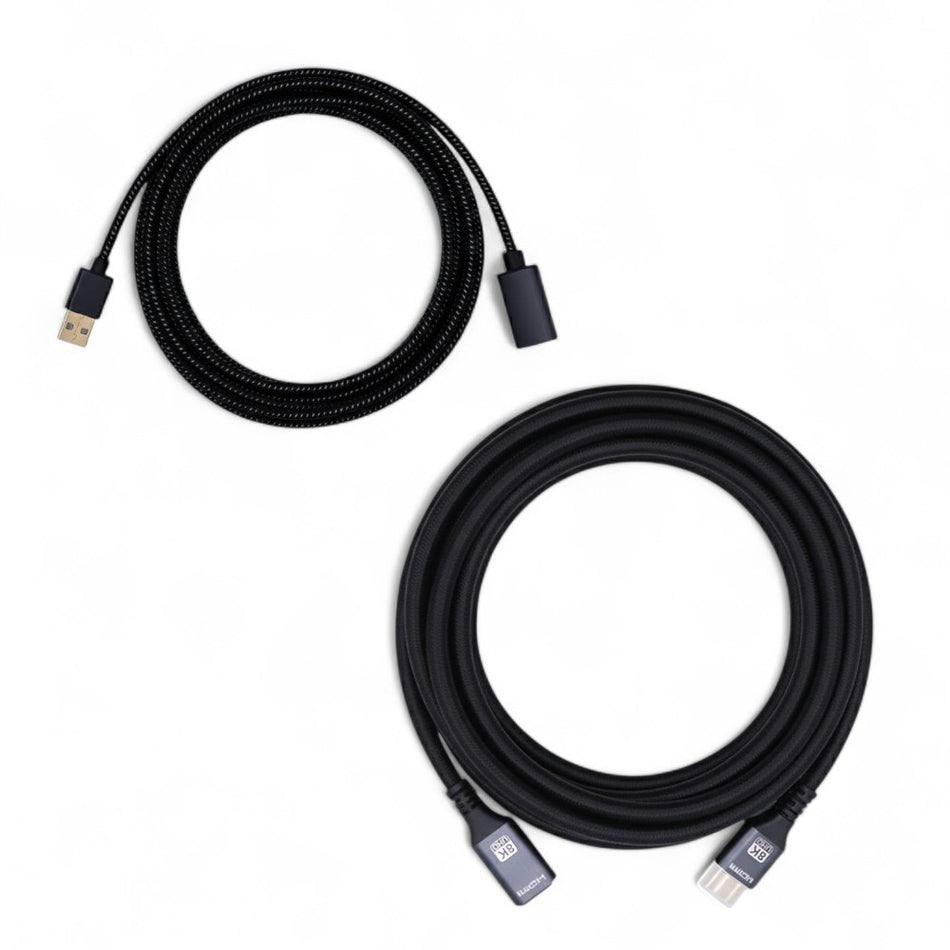 Two coiled 5m extension cables, one HDMI and one USB, with black braided sleeving