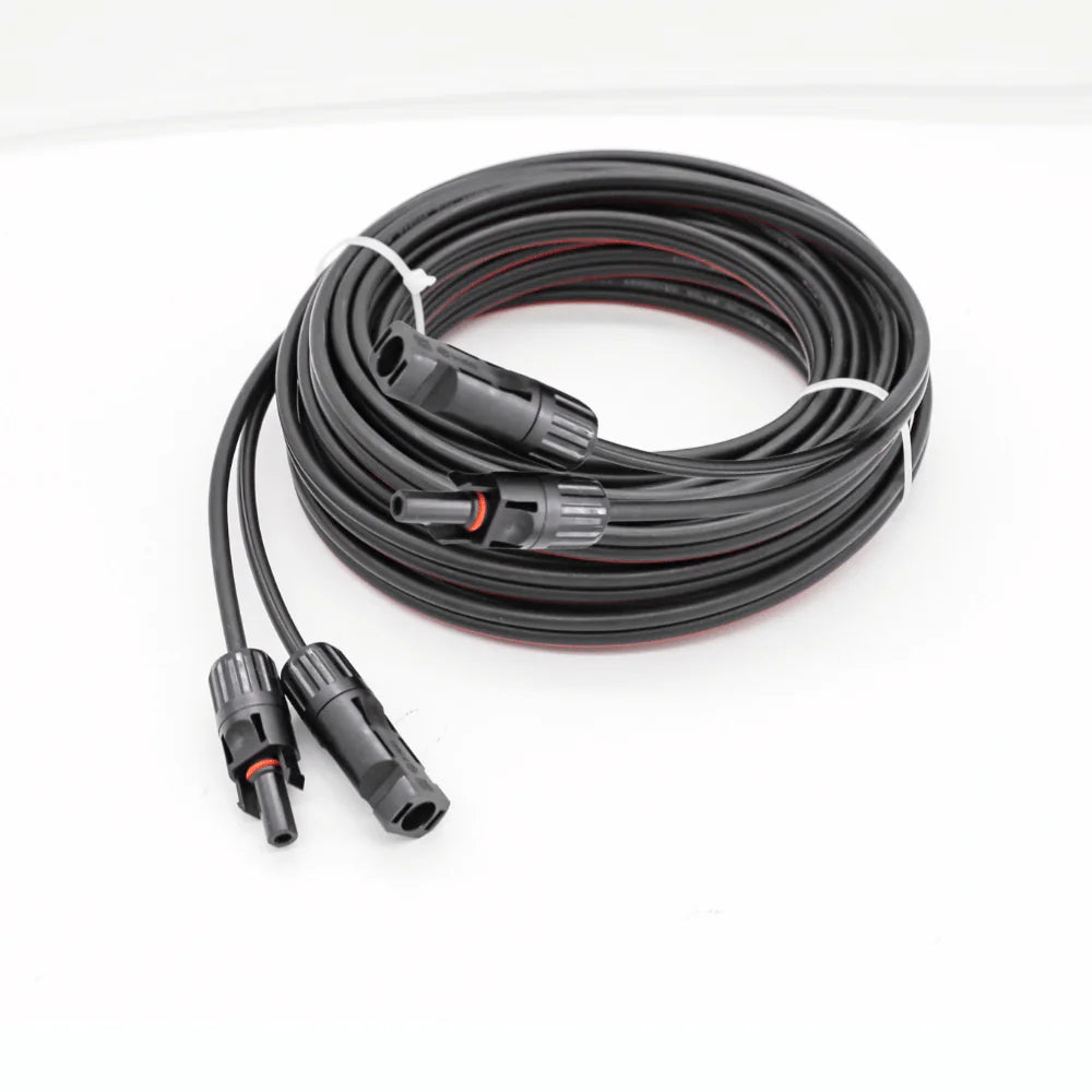 Coiled 5m twin solar extension cable with waterproof MC4 connectors and black insulation