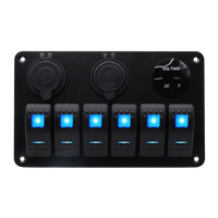 Front view of 6-gang aluminium marine switch panel with blue LED rockers, voltmeter and USB ports