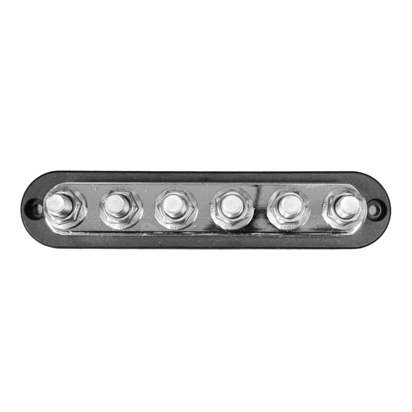 Top-down view of black 6-stud busbar showing terminal layout and mounting holes