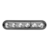 Top-down view of black 6-stud busbar showing terminal layout and mounting holes