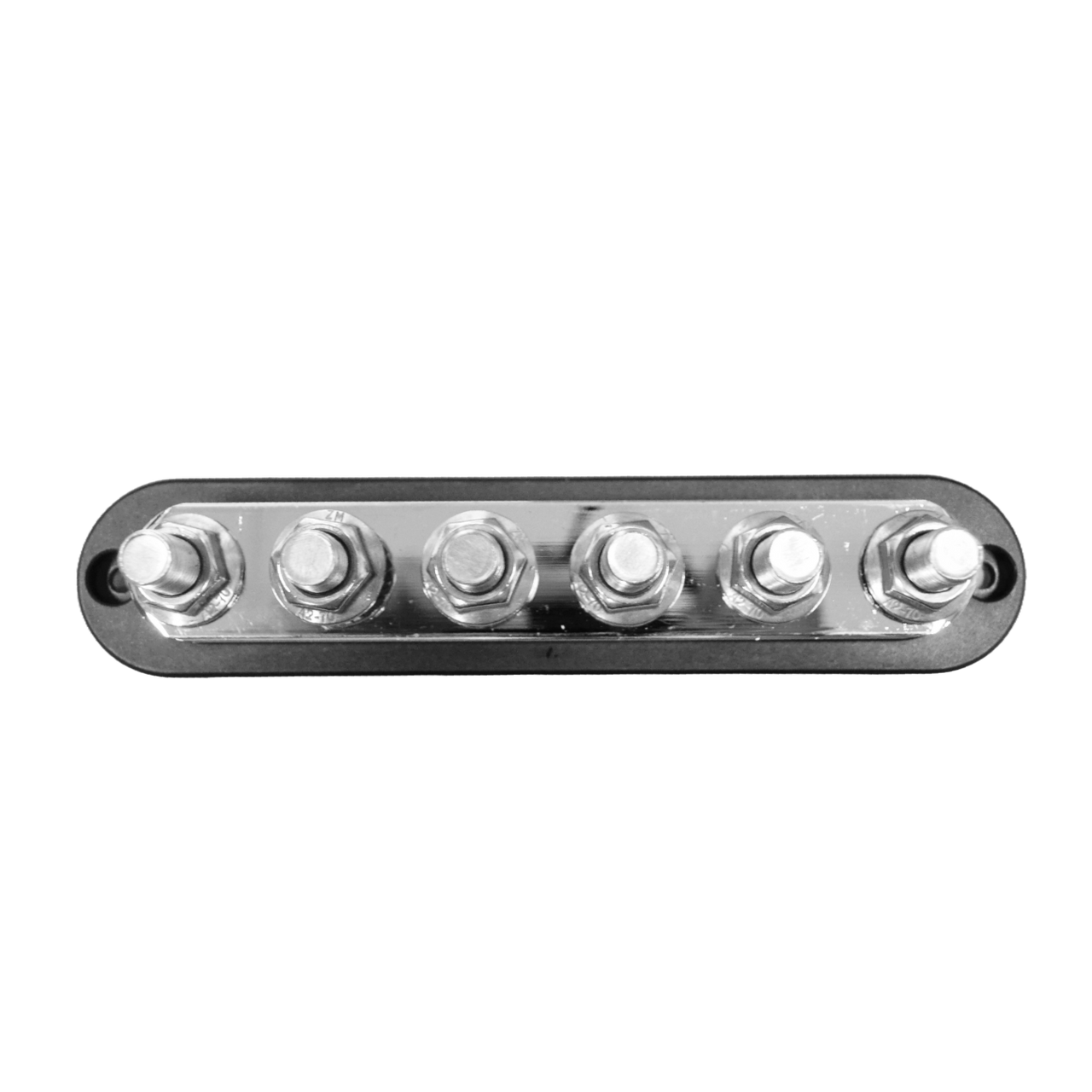 Top-down view of black 6-stud busbar showing tin-plated copper hardware