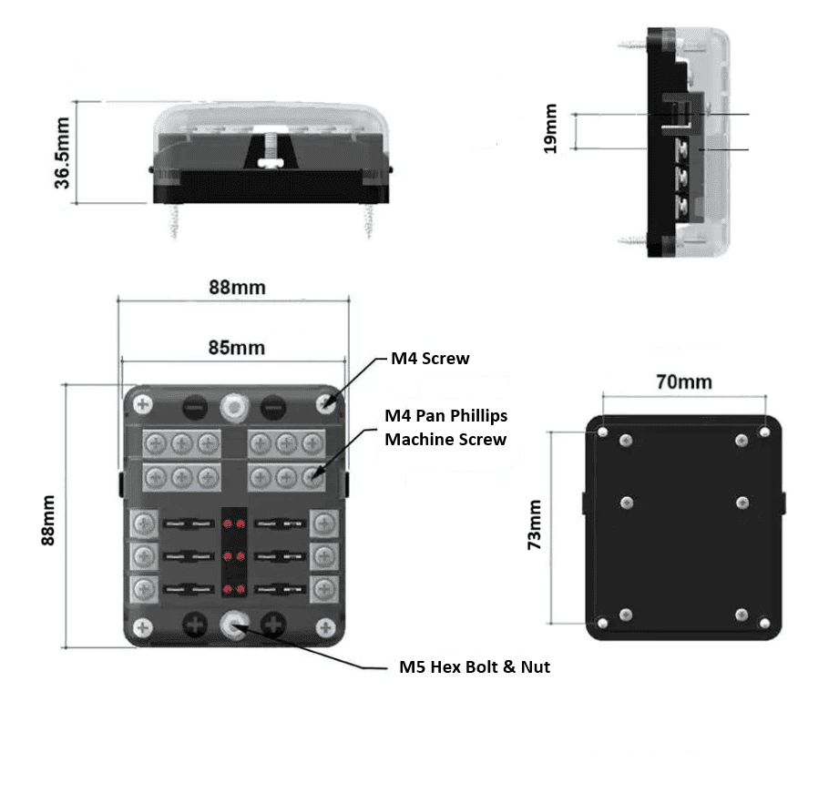 Technical dimensional drawing of 6-way fuse holder chassis with 88mm square footprint