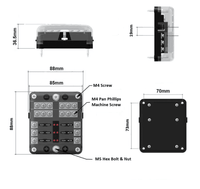 Technical dimensional drawing of 6-way fuse holder chassis with 88mm square footprint