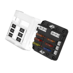 6-way blade fuse holder with removed transparent cover showing pre-printed identification labels