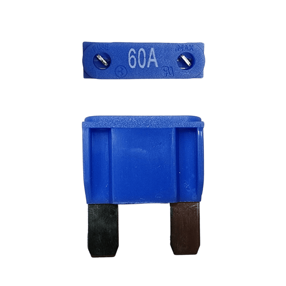 Blue 60A maxi blade fuse showing top amperage rating and side profile with silver terminals