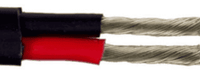 Twin core marine cable showing black outer sheath, red and black inner insulation, and tinned copper conductors