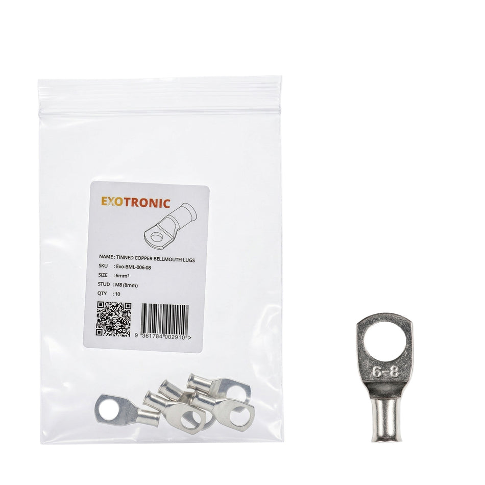 10 pack of 6mm² tinned copper bellmouth lugs with M8 stud hole and one loose lug
