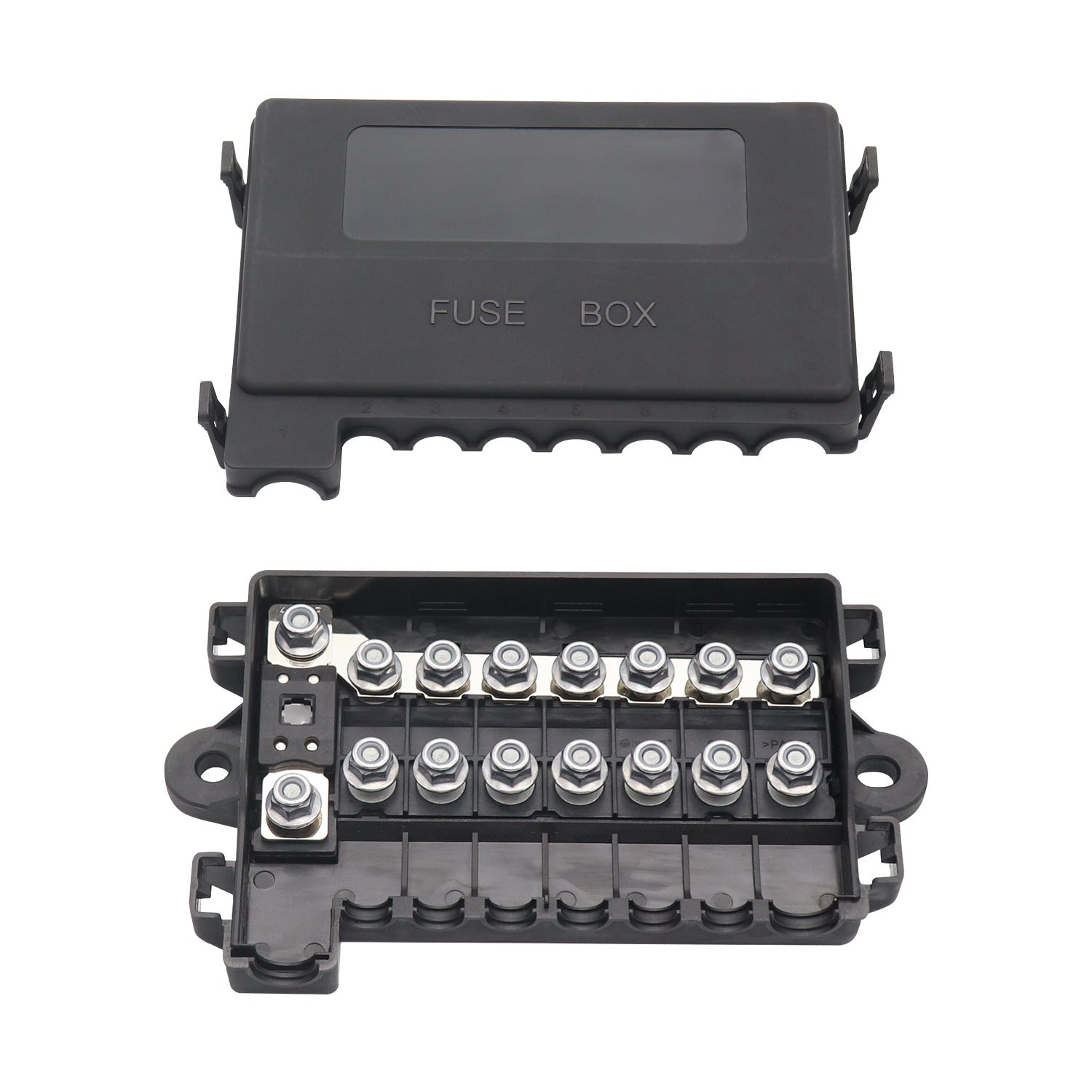 Exotronic 7-way midi fuse holder with cover removed showing internal busbar and M6 studs