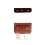 Brown 7.5A ATO/ATC automotive blade fuse with silver-plated terminals showing top and side profiles