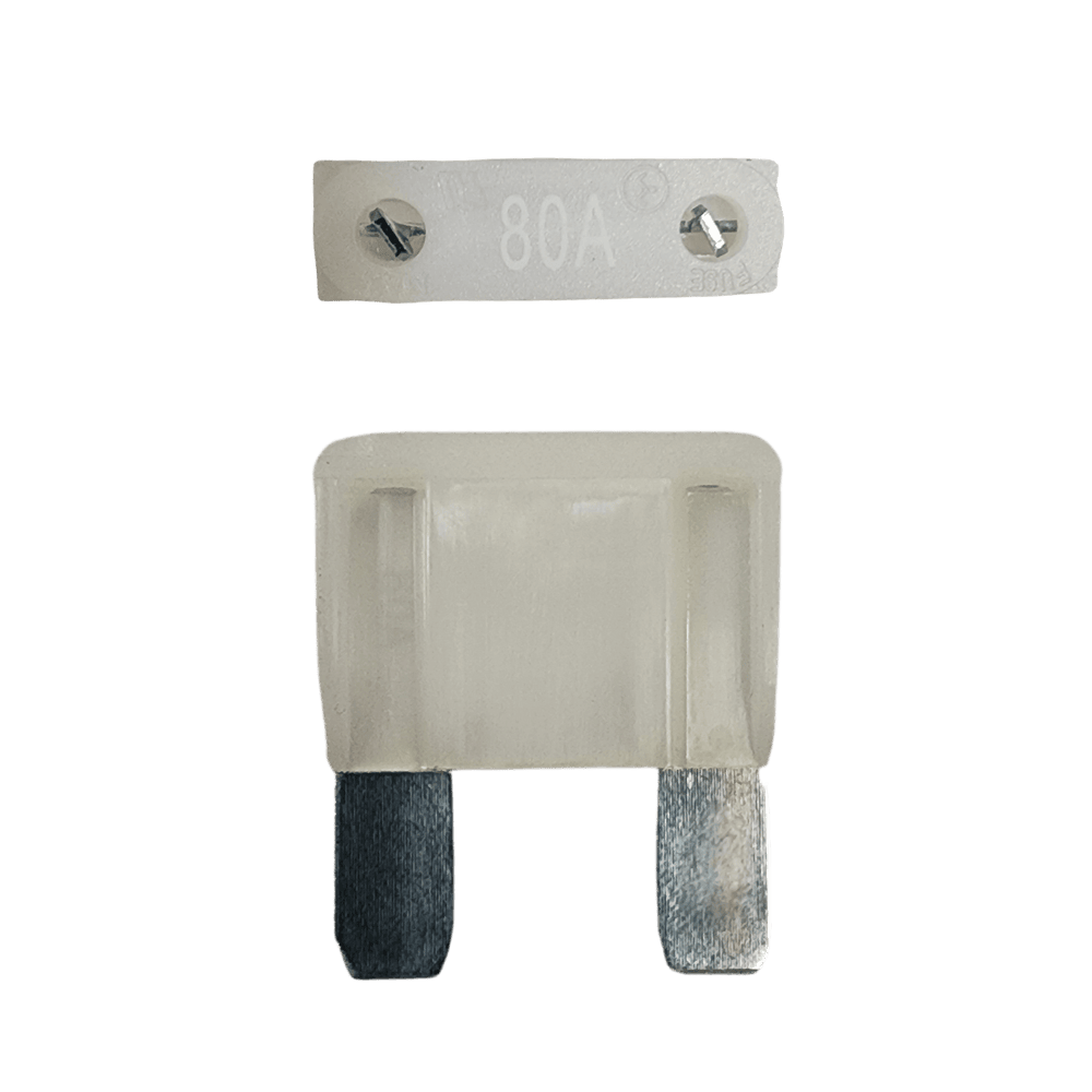 White 80A maxi blade fuse showing top amperage rating and side profile with silver terminals
