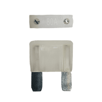 White 80A maxi blade fuse showing top amperage rating and side profile with silver terminals