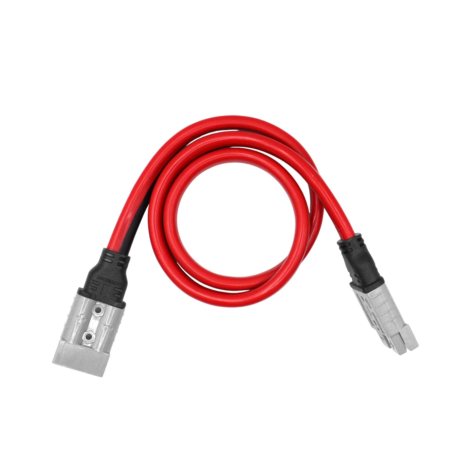 Top-down view of coiled 1m 8AWG Anderson style extension lead with grey connectors