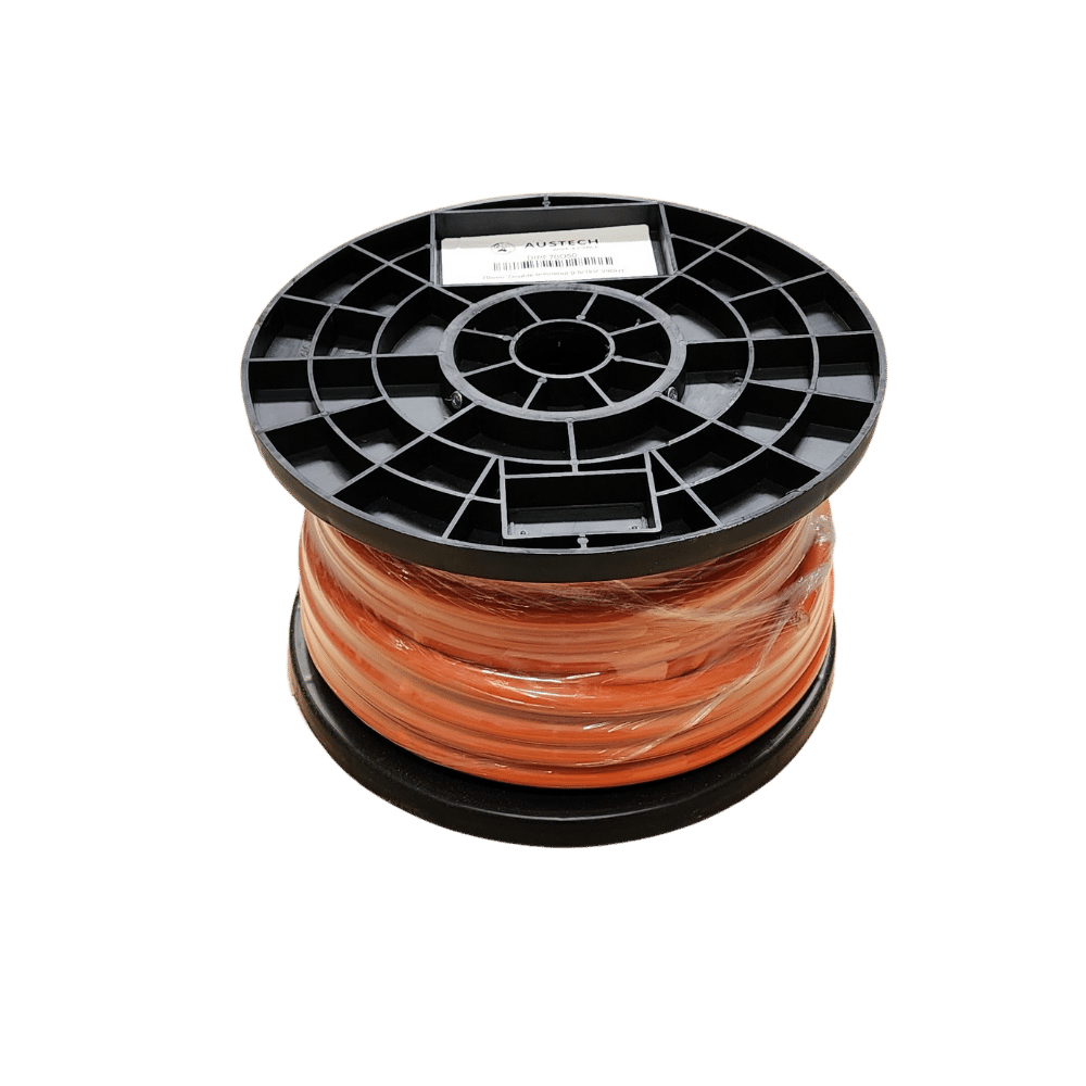 50m roll of orange 95mm2 flexible welding cable wound on a black plastic reel