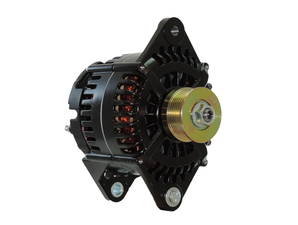 Balmar 97XD-12-240-IG 12V 240A black marine alternator with 4-inch saddle mount and gold K6 serpentine pulley