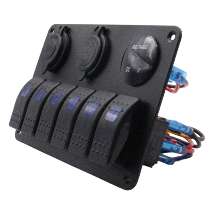 Exotronic 12/24V 6x LED Rocker, Voltmeter, Cigarette Lighter, Dual USB Socket Marine Switch Panel 1