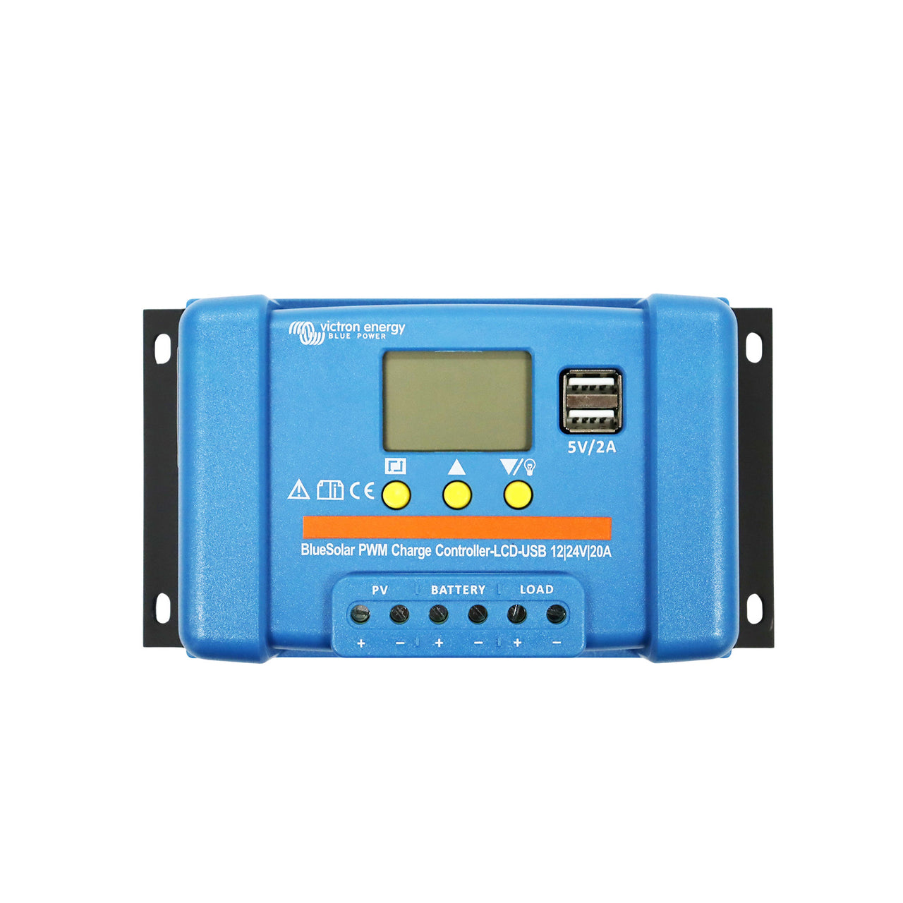 Blue solar charge controller with digital display on a white background
