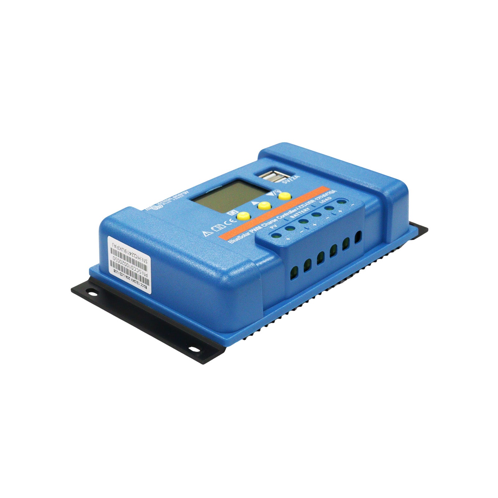 Left side view of Bluesolar charge controller with digital display on a white background