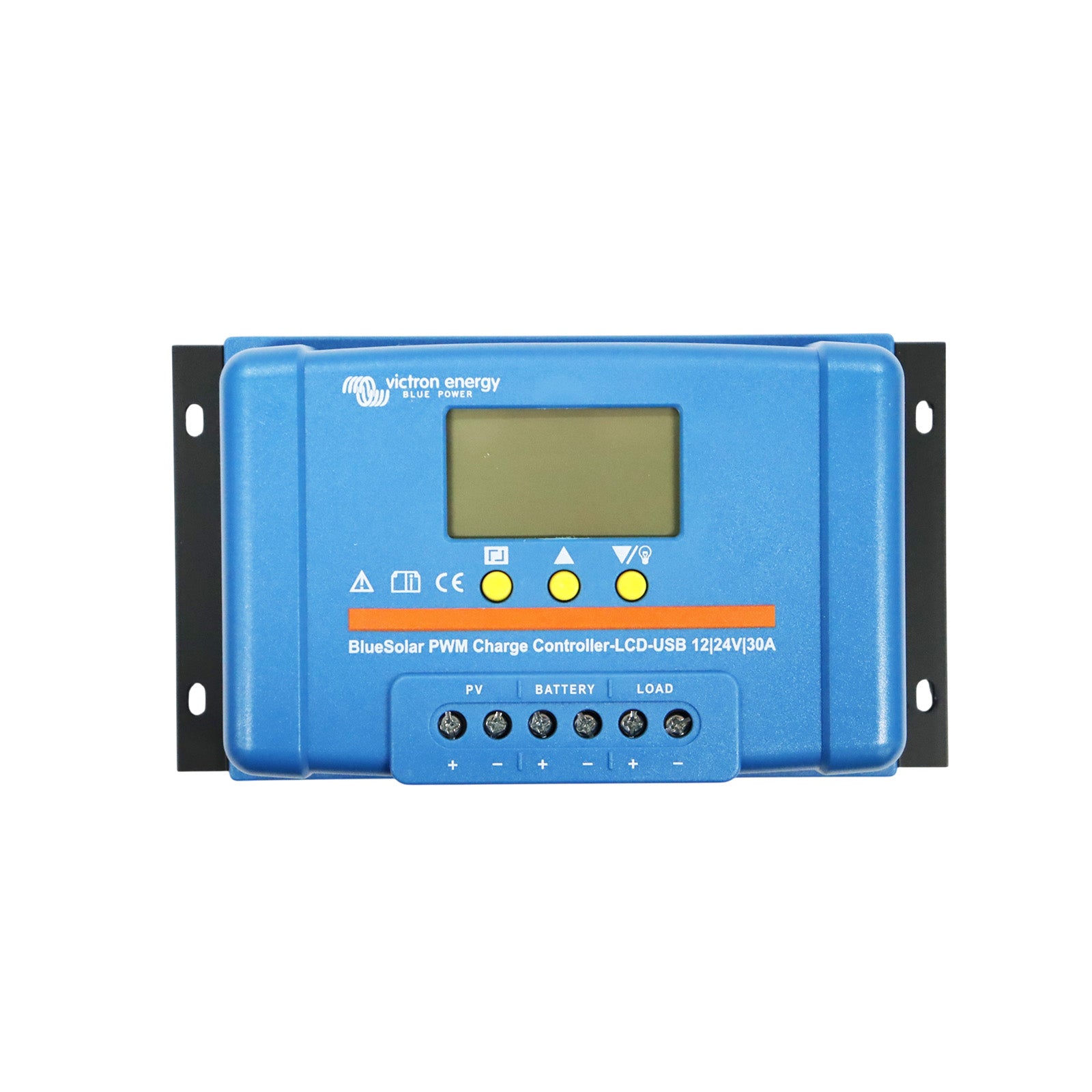 Blue solar charge controller with digital display on a white background