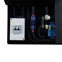 Close-up of AC circuit breaker housing and main wiring connections on the power board