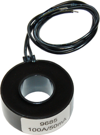 Black toroidal AC current sensing coil with integrated wire leads and 100A to 50mA ratio label