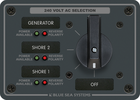 Blue Sea 230V AC rotary source selection panel with LED status indicators and 4-position switch