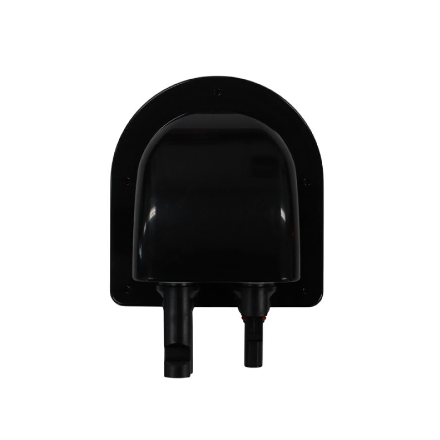 Top view of black curved plastic cable entry housing