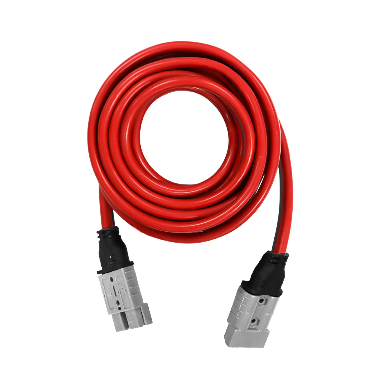 Overhead view of coiled 5m red 8AWG extension lead featuring twin 50A grey Anderson style connectors