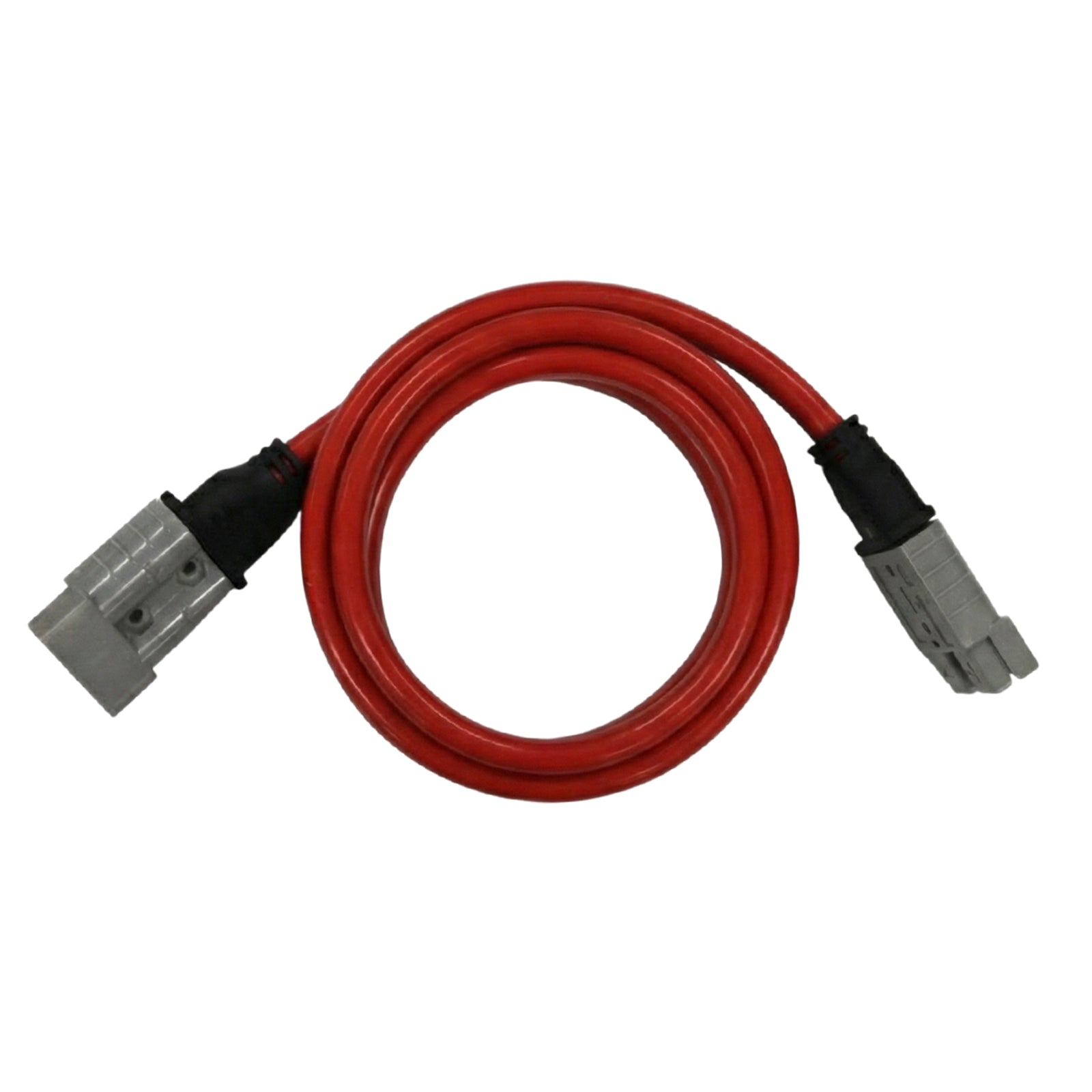 Coiled red 8AWG extension cable with grey 50A Anderson-style connectors and black boots