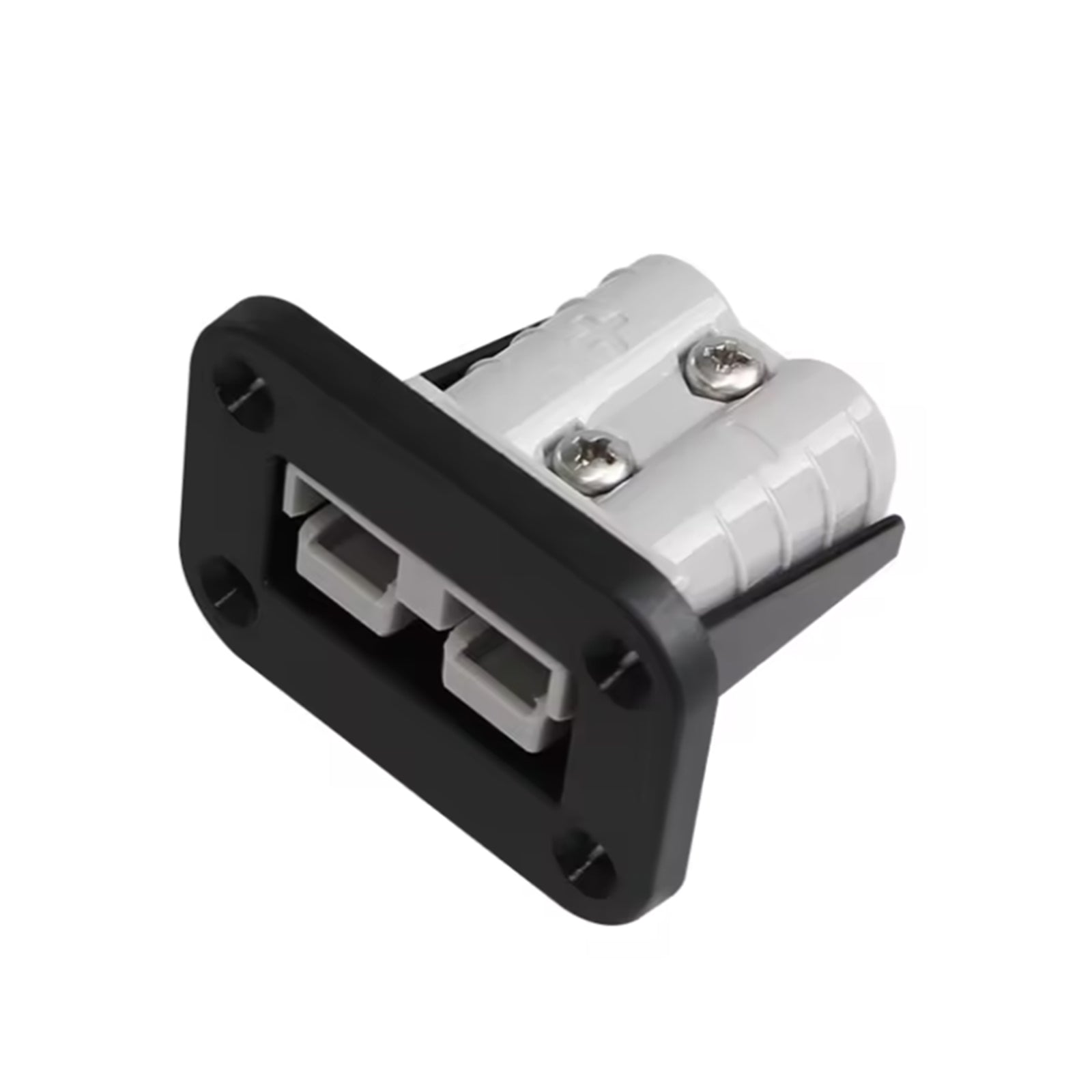Rear view showing grey Anderson plug secured into black mounting bracket with screws