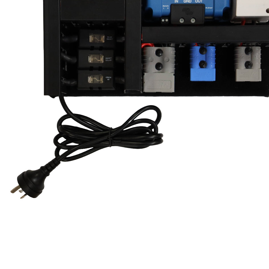 Bottom view showing colour-coded Anderson connectors, fuses and mains power cable