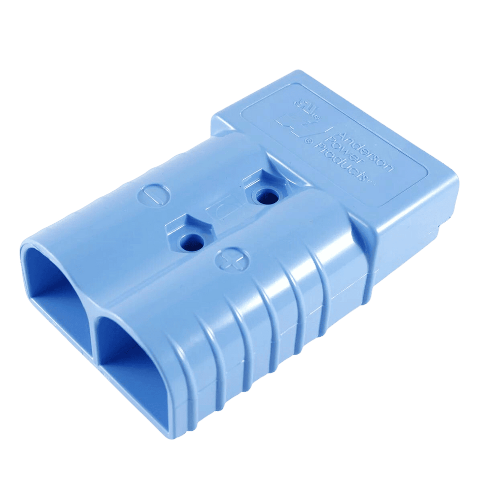 Close-up of blue connector housing top showing Anderson Power Products logo and mounting holes