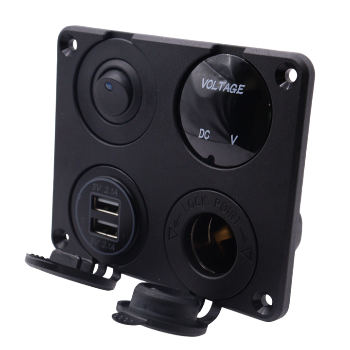 Angled view of 4-gang panel showing flush mount bezel and open dust covers