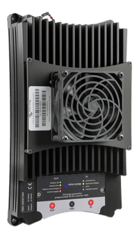 Side angled view of a black 100A converter showing robust metal construction and side cooling fins