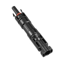 Angled view of male end solar connector showing locking tabs and waterproofing