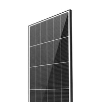 Angled side view of 145W solar panel highlighting slim black anodised aluminium frame profile