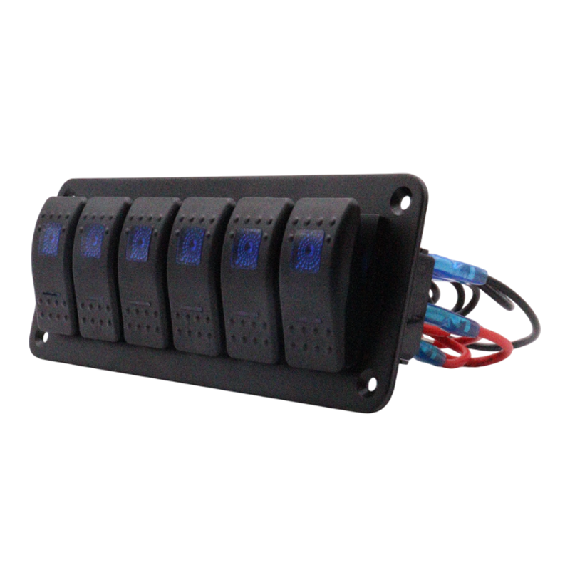 Angled side view showing switch profile and mounting depth of the panel housing