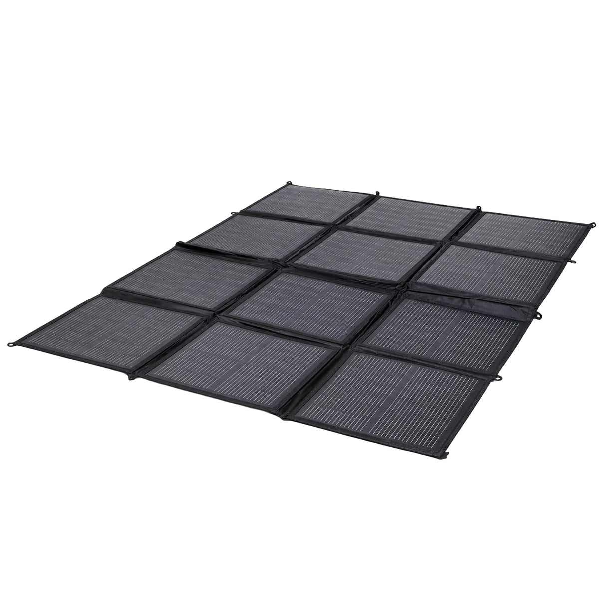 Angled view of the 12-panel folding solar blanket laid out fully